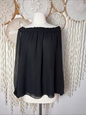 Michael Kors Made in Italy Black Silk Off the Shoulder Chiffon Long Sleeve Top 8